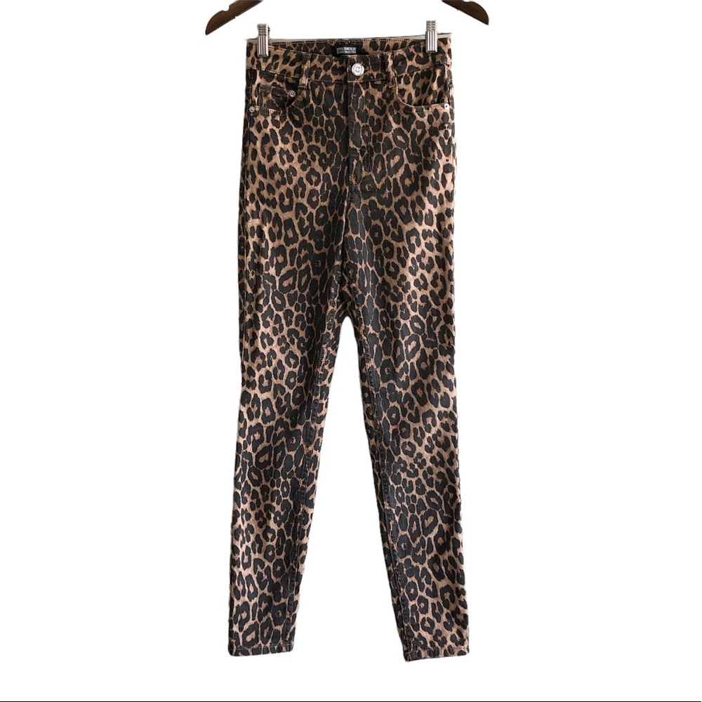 Zara Cheetah Print High Rise Waist Skinny Leg Fit Denim Jeans Pants Brown Black